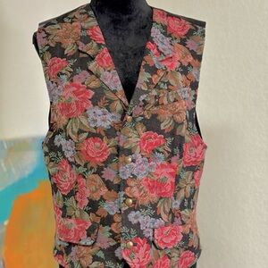 Red and Pink Floral Vest with V-Neckline
